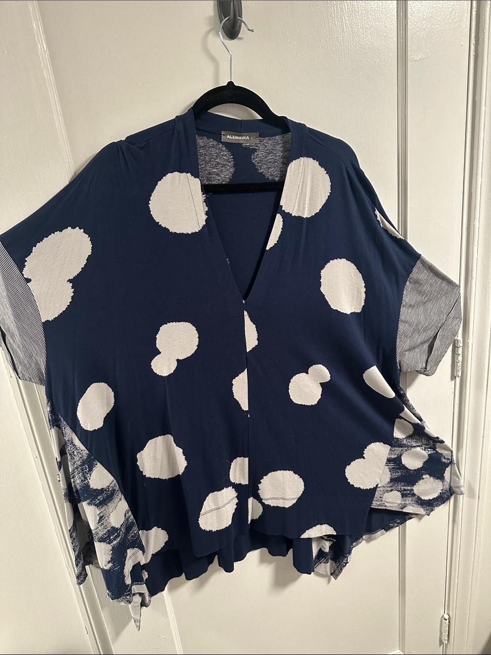 Alembika Navy and White Polka Dot V-Neck Women's Top